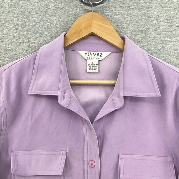 Allison Taylor Blouse Womens Large Purple Button Up Long Sleeve Pockets Stretch - Picture 4 of 11